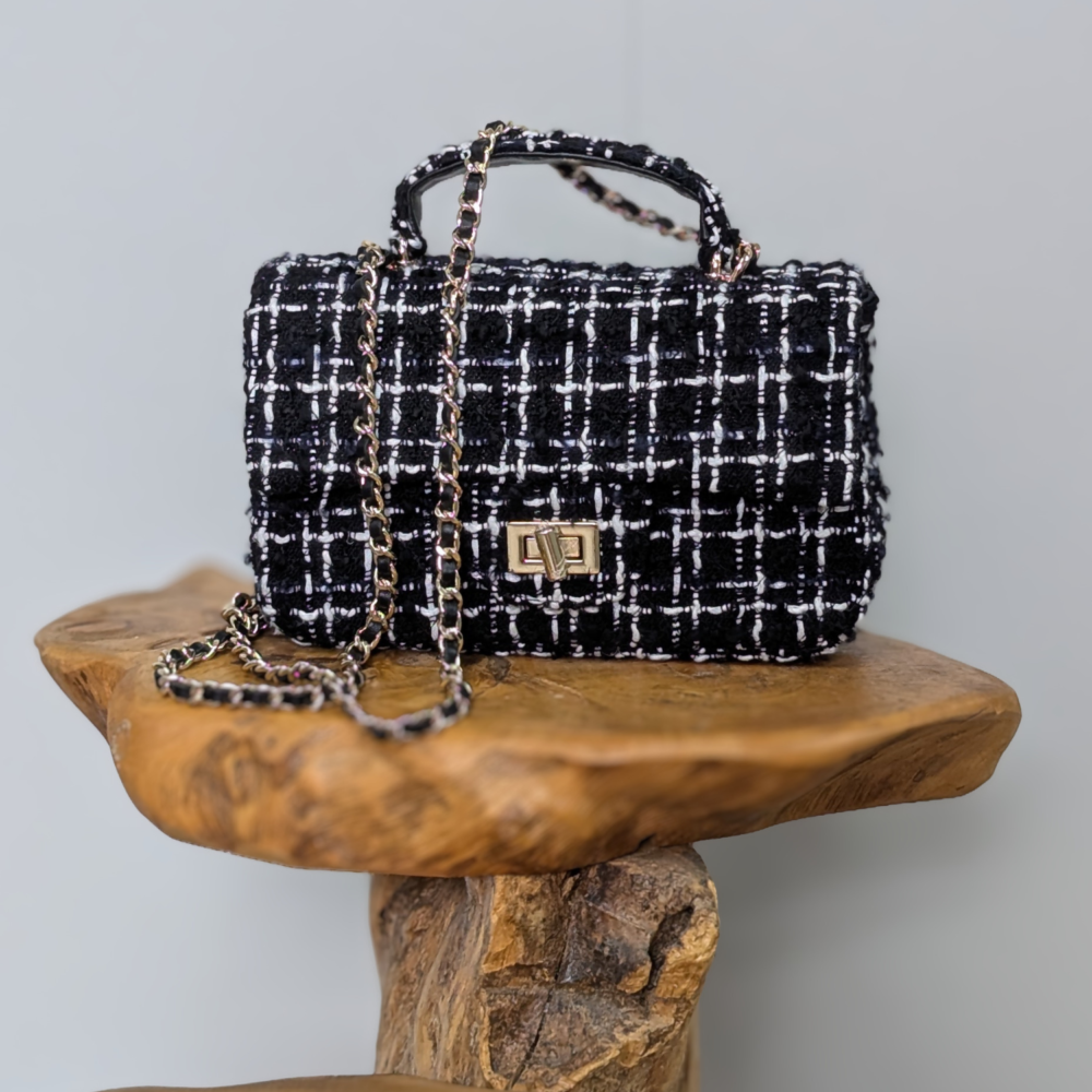 Tweed Handbag - Black Navy and White Check - Linton Tweeds (US) Tweed Handbag - Black Navy and White Check - Linton Tweeds (US)
