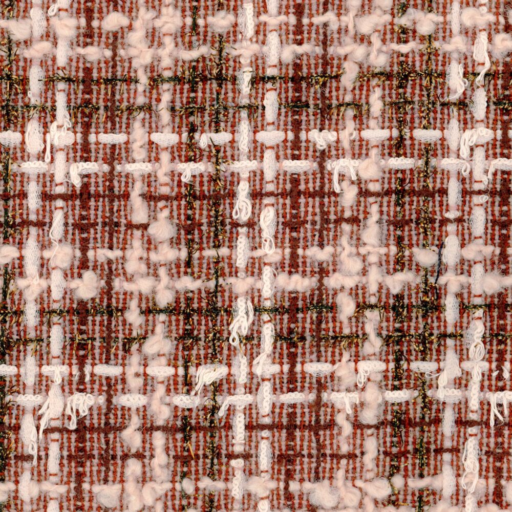 Bronze and baby pink boucle tweed.