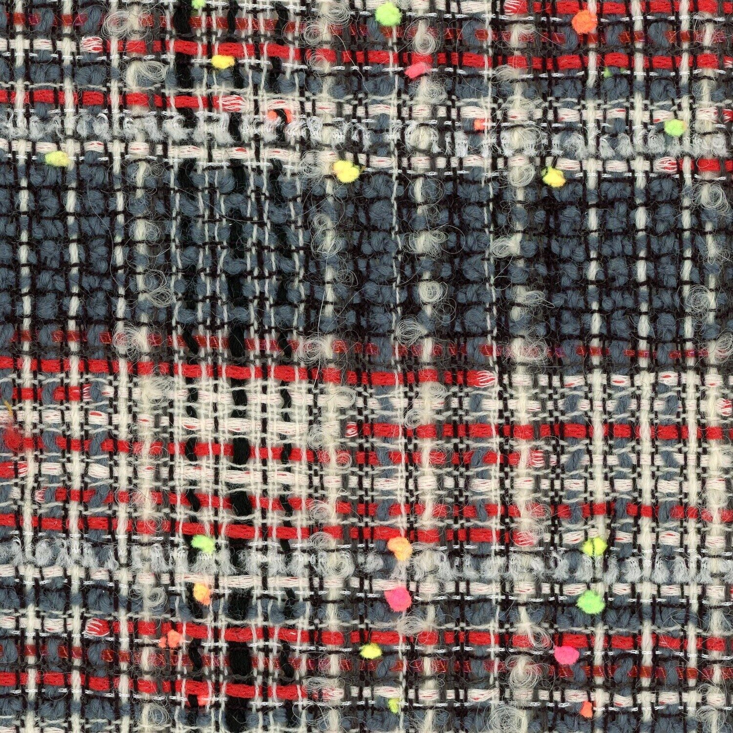 Red Blue and White stripe tweed with a pompom yarn running along the warp.