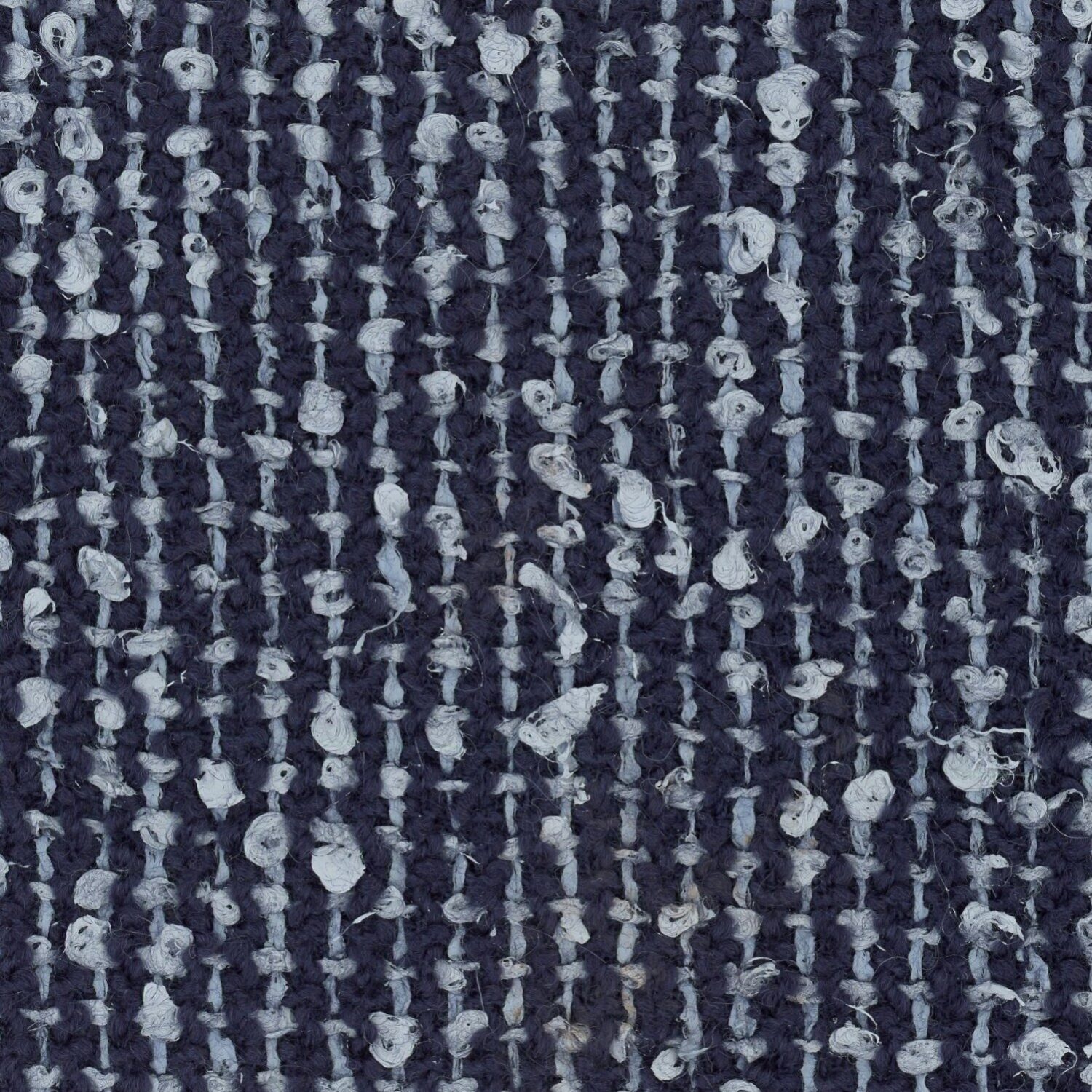 Dyed navy wool based dye piece. With silvery blue yarns in the warp at short regular intervals.