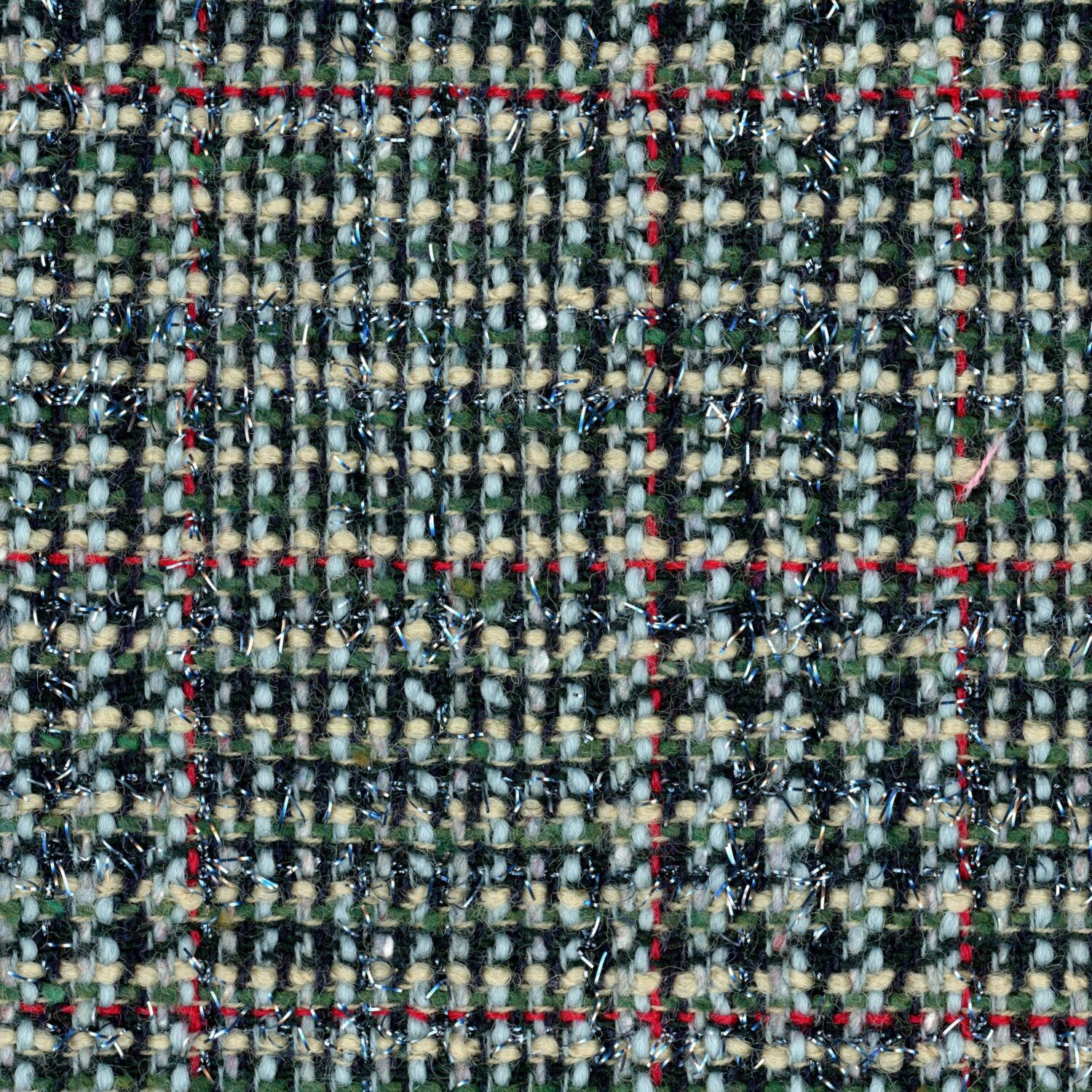 Metallic green and red check wool based tweed.
