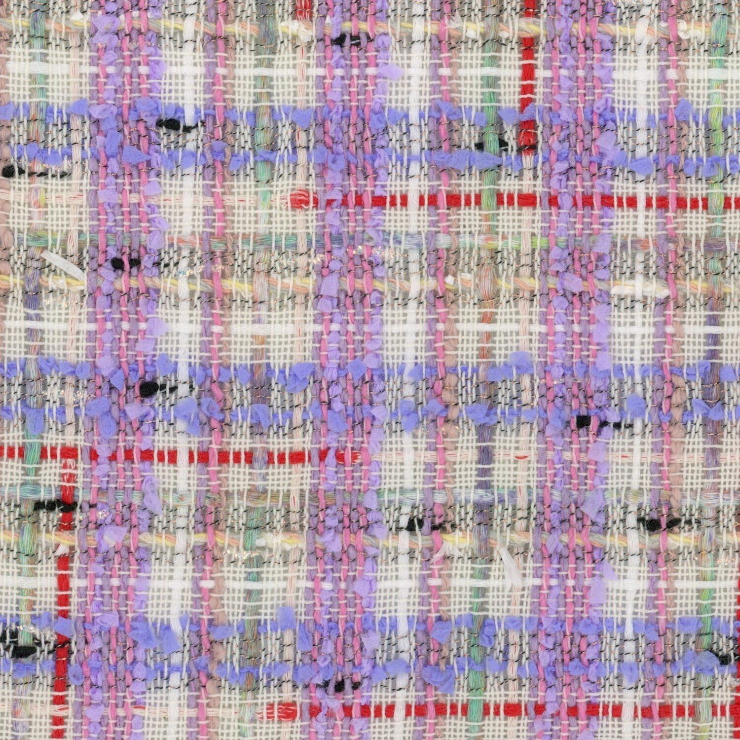 Purple check with an interspersed pastel multi yarn. Flashes of vibrant red intersect in the warp and weft.