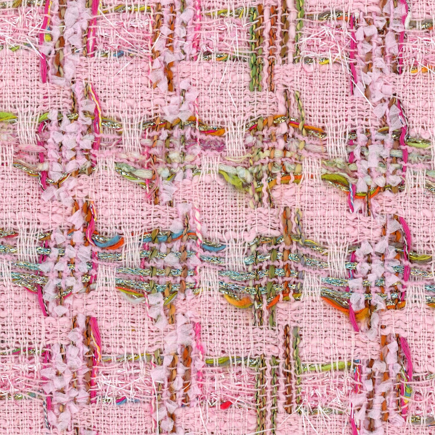 Pink four point star with multi-coloured yarns, and gold and metallic silver in the weft.