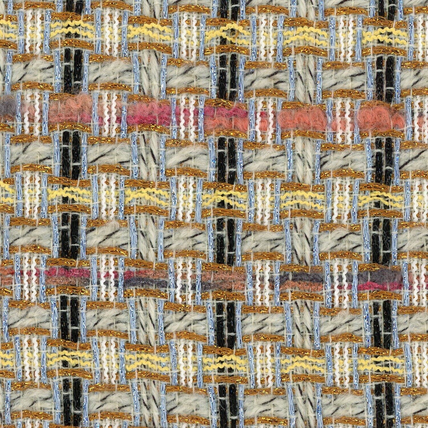 Yellow and pink tweed. With metallic rows and black stripes spaced out.
