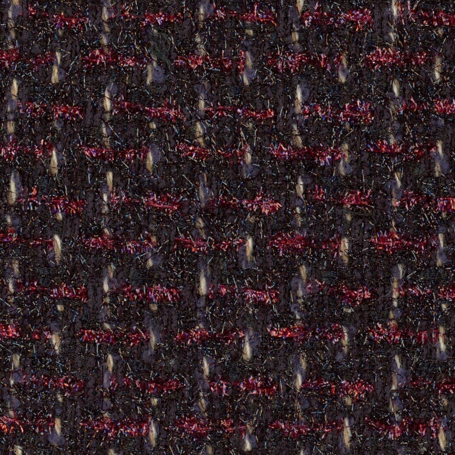 Maroon and black tinsel twill tweed.