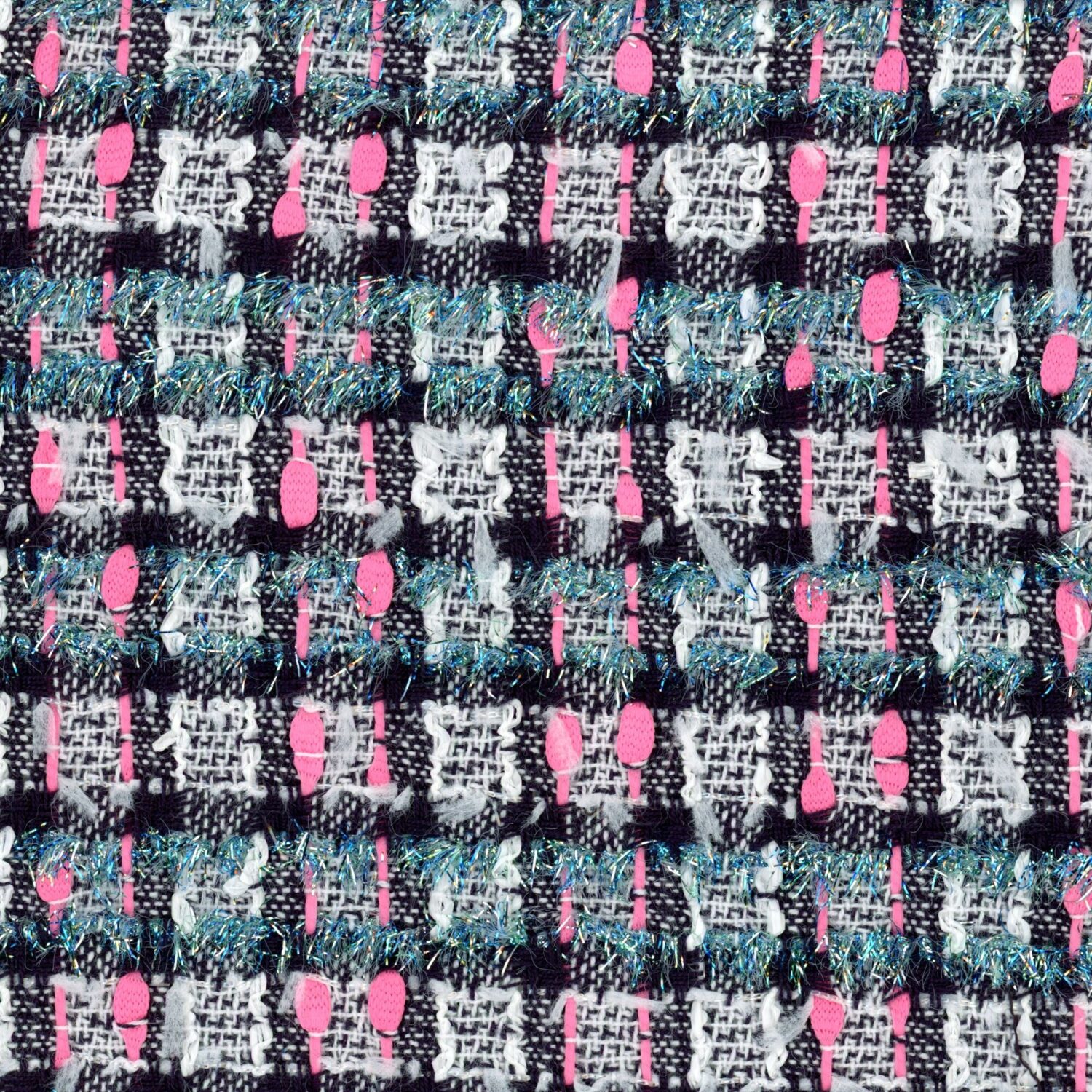 Black white and pink check. With a blue tinsel yarn in the weft.