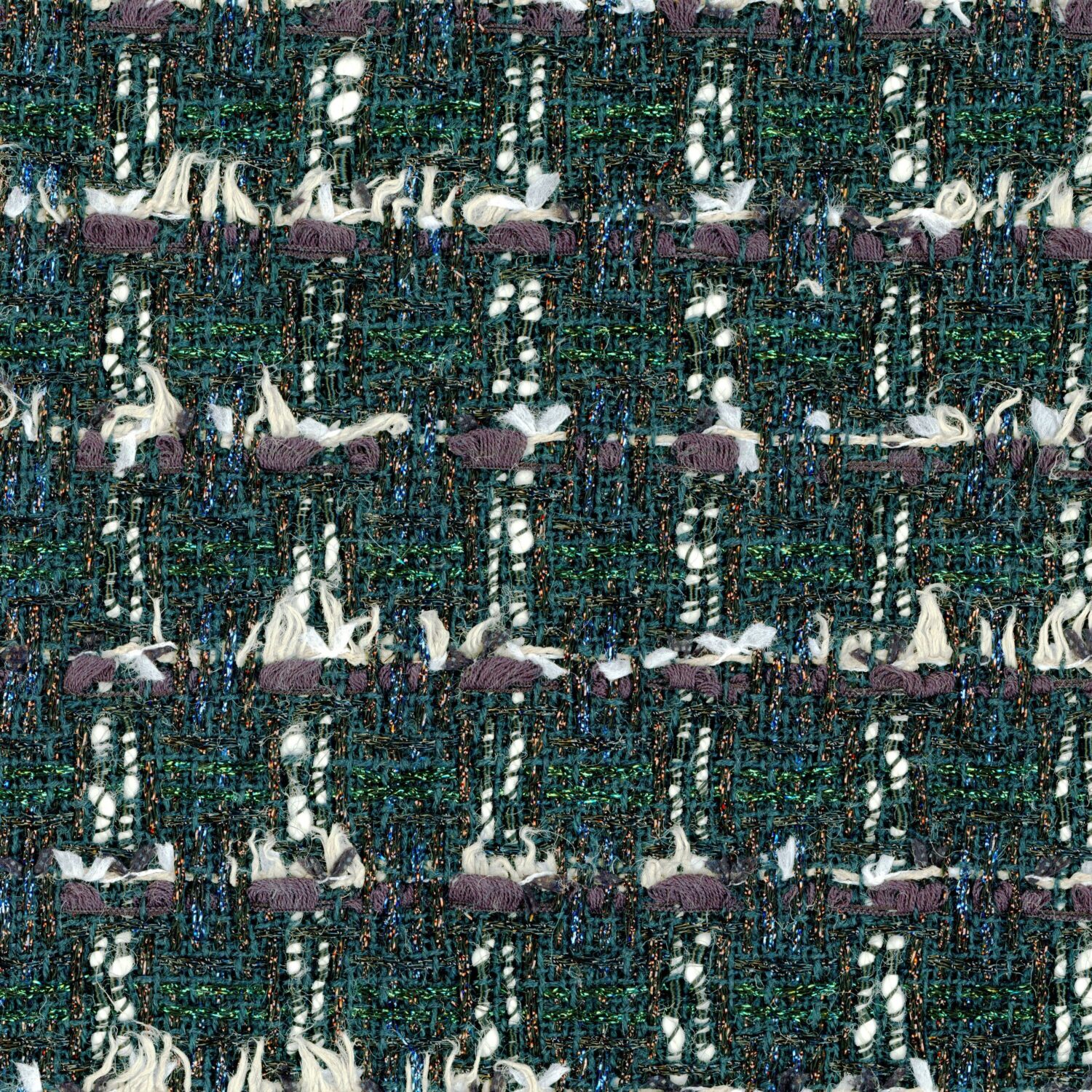 Metallic dark green tweed with a navy and cream tufty yarn in the weft.