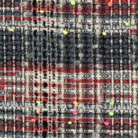 Red Blue and White stripe tweed with a pompom yarn running along the warp.