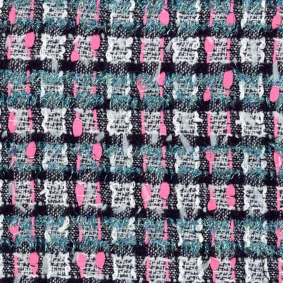 Black white and pink check. With a blue tinsel yarn in the weft.